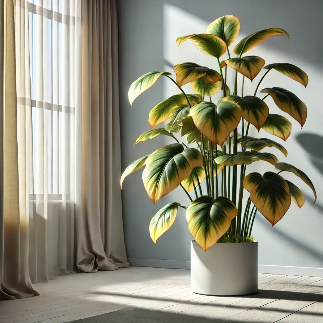 A plant with leaves turning brown and yellow at the edges due to too much direct sunlight, in a bright room with sheer curtains diffusing the light.