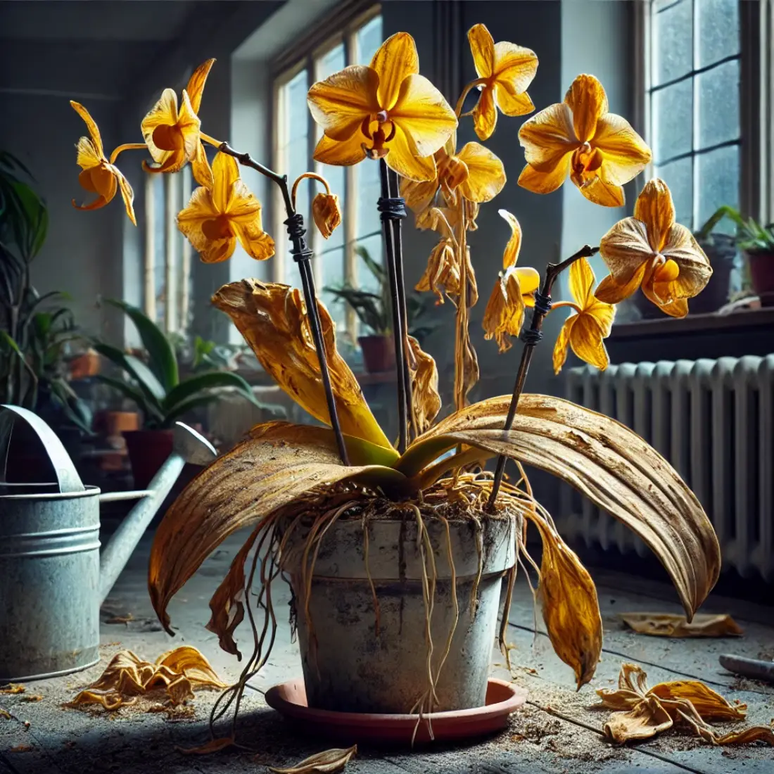 Close-up of an orchid with yellow, curled leaves in a worn pot, poorly-draining medium, and neglected watering can in a dimly lit room.