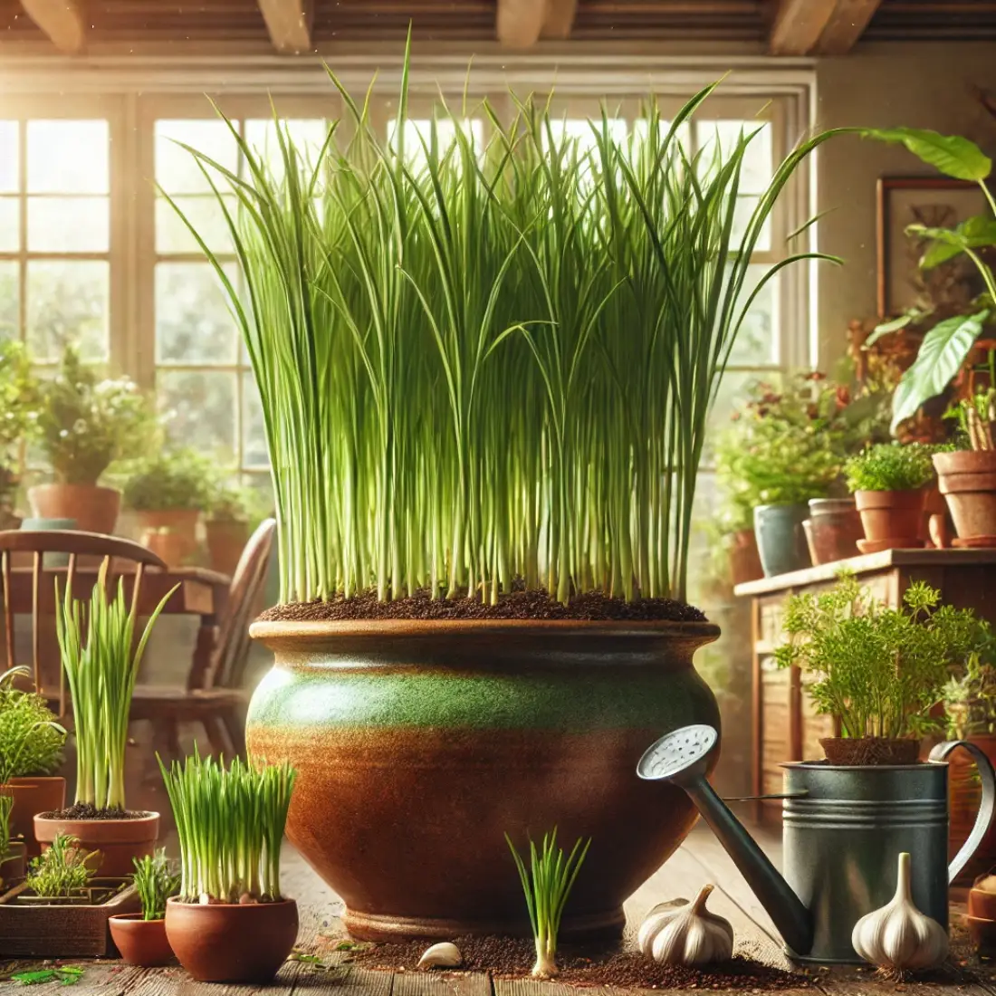 Small, young green garlic plants growing in a rustic container indoors, surrounded by potted plants and garden tools in a cozy, sunlit setting.