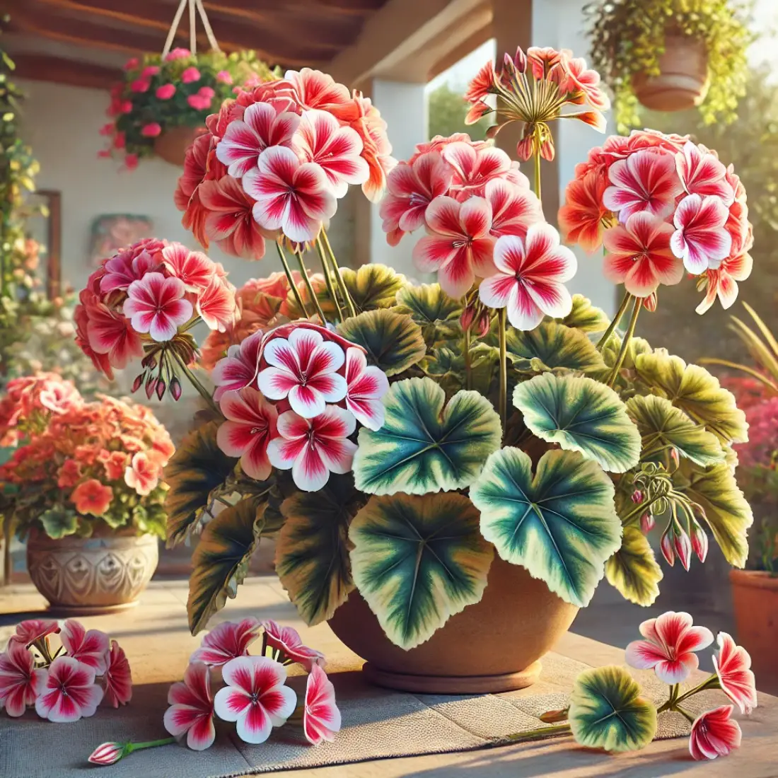 Zonal Pelargoniums in full bloom, showcasing bright reds, pinks, and pastels, with distinctive leaf zones in a garden bed and patio containers.